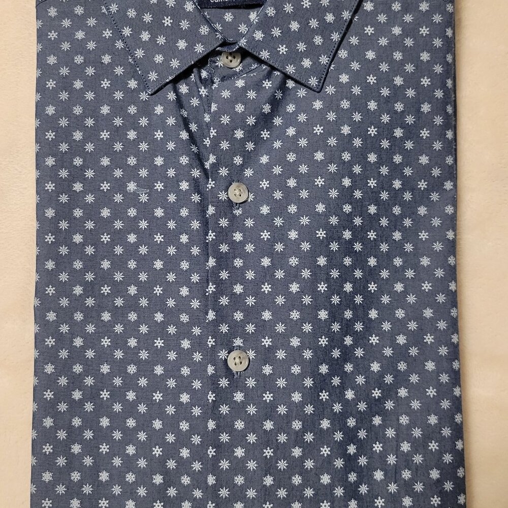 Bar III Blue Snowflake Print Long Sleeve Slim Fit Shirt 15-15.5 34-35 Medium